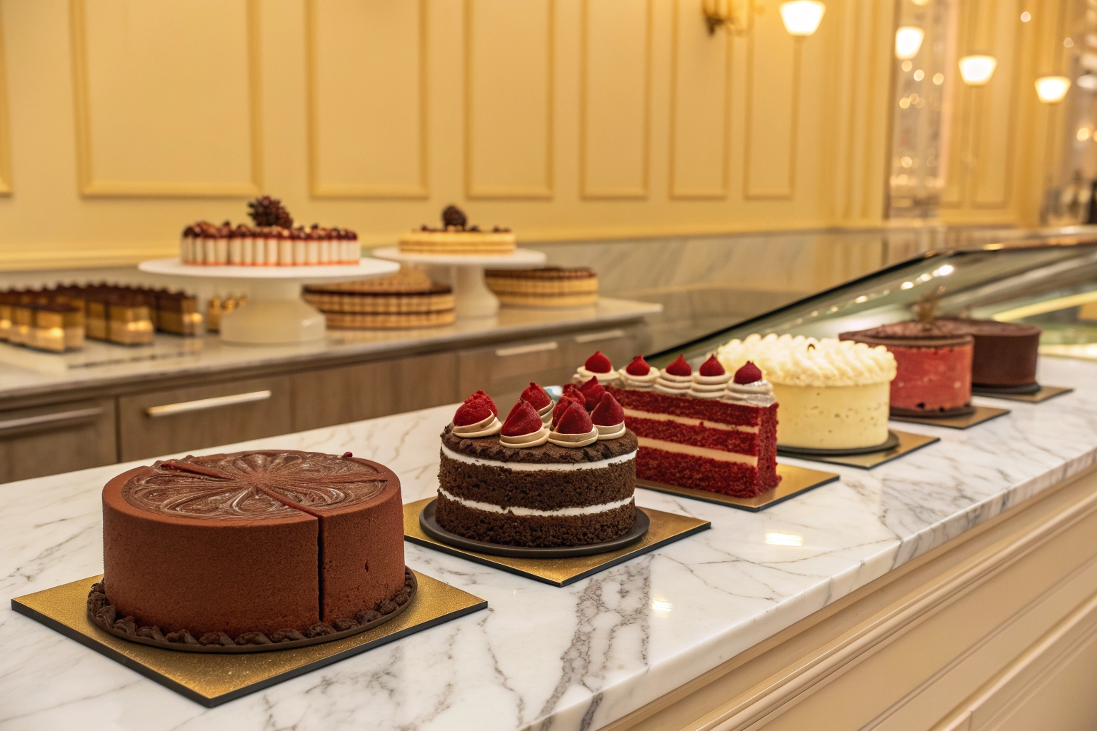 Premium chocolate and vanilla cakes on a stand, bakery setting