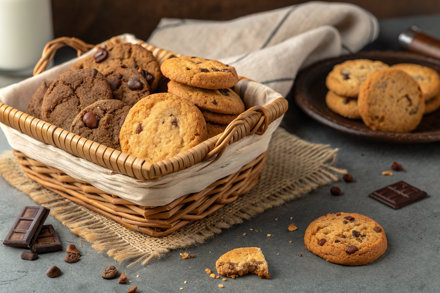 Freshly baked chocolate chip and butter cookies in a basket